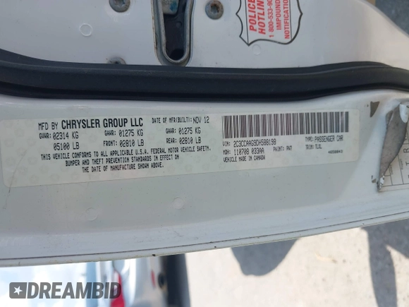 2013 Chrysler 300 with VIN 2C3CCAAG9DH588198, listed as a IAAI auction lot 42556294 with 171,765 mi miles and . Bid and sale history available at DreamBid. Image 9.