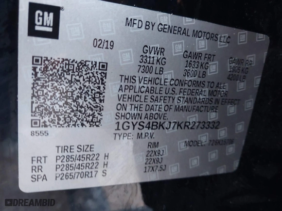 2019 Cadillac Escalade Luxury with VIN 1GYS4BKJ7KR273332, listed as a IAAI auction lot 40895521 with 64,175 mi miles. Bid and sale history available at carsss.com. Image 9.