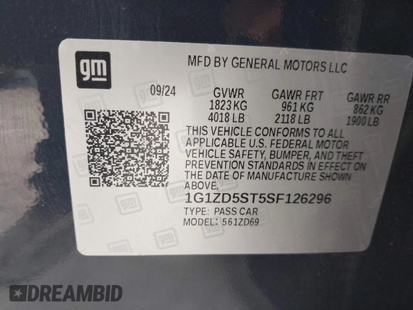 2025 Chevrolet Malibu LT with VIN 1G1ZD5ST5SF126296, listed as a IAAI auction lot 41941842 with 10,500 mi miles and . Bid and sale history available at DreamBid. Image 9.