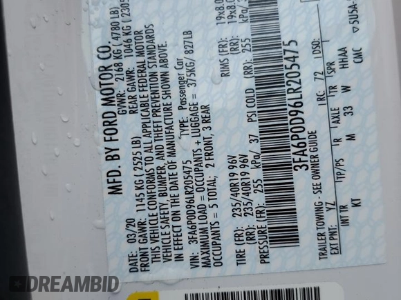 2020 Ford Fusion Titanium z VIN 3FA6P0D96LR205475, wystawiony jako Copart lot #56313075 z przebiegiem 30 888 mil mil oraz Szkoda całkowita • Salvage title. Historia ofert i sprzedaży dostępna na DreamBid. Obrazek 12.