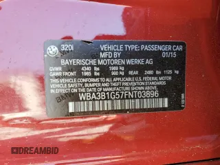 2015 BMW 3 Series 320i with VIN WBA3B1G57FNT03896, listed as a Copart auction lot 50959635 with 97,273 mi miles and Salvage Title. Bid and sale history available at carsss.com. Image 13.