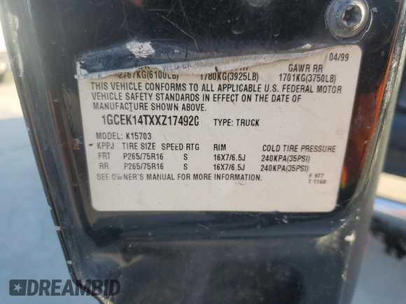 1999 Chevrolet Silverado 1500 LS with VIN 1GCEK14TXXZ174920, listed as a Copart auction lot 73587214 with 431,629 mi miles and Salvage Title. Bid and sale history available at carsss.com. Image 12.