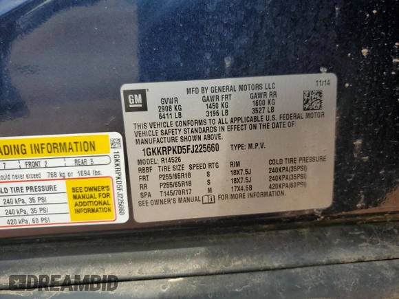 2015 GMC Acadia SLE z VIN 1GKKRPKD5FJ225660, wystawiony jako Copart lot #55557175 z przebiegiem 200 007 mil mil oraz Szkoda całkowita • Salvage title. Historia ofert i sprzedaży dostępna na DreamBid. Obrazek 13.