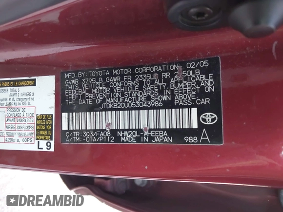 2005 Toyota Prius with VIN JTDKB20U053043986, listed as a IAAI auction lot 41909604 with 267,289 mi miles. Bid and sale history available at carsss.com. Image 9.