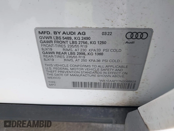 2022 Audi Q5 S line Premium Plus with VIN WA1EAAFY7N2088928, listed as a IAAI auction lot 42068146 with 42,956 mi miles and . Bid and sale history available at DreamBid. Image 9.