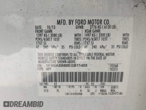 2014 Ford Explorer with VIN 1FM5K8B88EGB11455, listed as a IAAI auction lot 41853618 with 153,996 mi miles and . Bid and sale history available at carsss.com. Image 9.