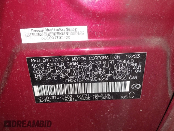 2023 Lexus IS 350 F Sport с VIN JTHGZ1B2XP5064664, выставлен на аукционе IAAI как лот 42111455 с пробегом Не указан миль и . История ставок и продаж доступна на DreamBid. Изображение 9.
