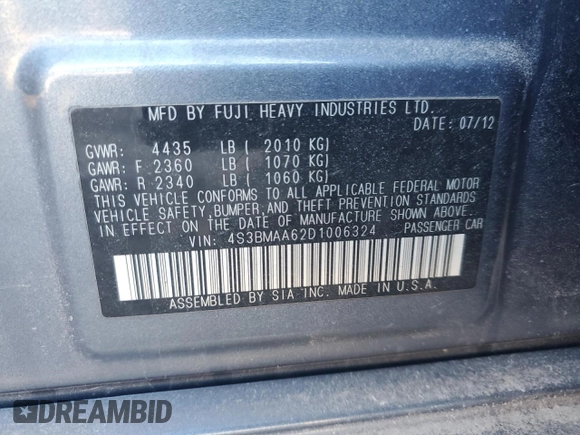 2013 Subaru Legacy 2.5i with VIN 4S3BMAA62D1006324, listed as a Copart auction lot 42711155 with 104,190 mi miles and Salvage title. Bid and sale history available at DreamBid. Image 12.