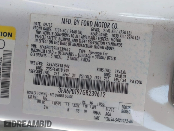 2016 Ford Fusion SE with VIN 3FA6P0T97GR239612, listed as a IAAI auction lot 42009642 with 156,659 mi miles and . Bid and sale history available at DreamBid. Image 9.