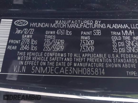 2022 Hyundai Tucson Limited with VIN 5NMJECAE3NH085814, listed as a IAAI auction lot 41058163 with 65,117 mi miles. Bid and sale history available at carsss.com. Image 9.