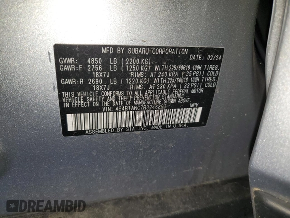 2024 Subaru Outback Limited с VIN 4S4BTANC7R3246897, выставлен на аукционе Copart как лот 58748405 с пробегом 9 066 миль миль и Списание • Salvage title. История ставок и продаж доступна на DreamBid. Изображение 13.