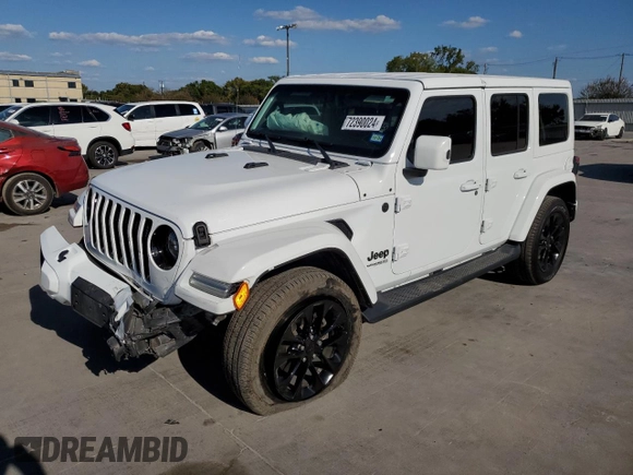 2021 Jeep Wrangler Unlimited Sahara High Altitude z VIN 1C4HJXEGXMW597689, wystawiony jako Copart lot #72390024 z przebiegiem 33 200 mil mil oraz Szkoda całkowita • Salvage title. Historia ofert i sprzedaży dostępna na DreamBid. Obrazek 1.
