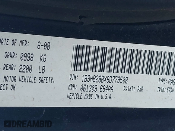 2008 Dodge Caliber SE with VIN 1B3HB28BX8D779508, listed as a IAAI auction lot 40913838 with Not Provided miles and . Bid and sale history available at DreamBid. Image 9.