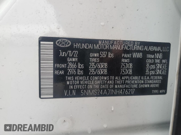 2022 Hyundai Santa Fe SEL with VIN 5NMS24AJ1NH476217, listed as a Copart auction lot 52255645 with 45,179 mi miles and Salvage Title. Bid and sale history available at DreamBid. Image 15.