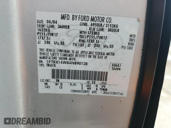 2004 Ford F-150 STX with VIN 1FTRX14W84NB90128, listed as a Copart auction lot 47543965 with 265,907 mi miles and Salvage title. Bid and sale history available at DreamBid. Image 12.