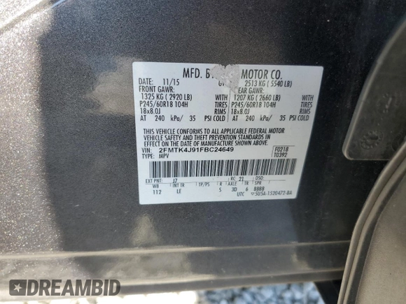 2015 Ford Edge SEL with VIN 2FMTK4J91FBC24649, listed as a Copart auction lot 50507845 with 99,915 mi miles and Clean Title. Bid and sale history available at carsss.com. Image 13.