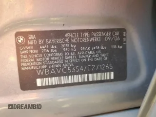 2007 BMW 3 Series 328i with VIN WBAVC53547FZ71265, listed as a Copart auction lot 54000075 with 130,559 mi miles and Salvage title. Bid and sale history available at DreamBid. Image 12.
