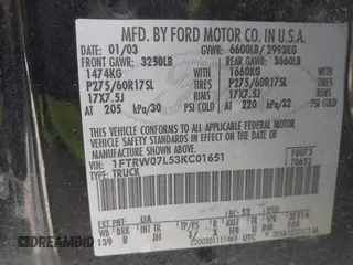 2003 Ford F-150 XLT with VIN 1FTRW07L53KC01651, listed as a IAAI auction lot 41827007 with 233,842 mi miles and . Bid and sale history available at DreamBid. Image 9.