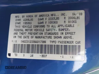2009 Honda Accord LX-S with VIN 1HGCS12339A017386, listed as a IAAI auction lot 42261685 with 240,515 mi miles and . Bid and sale history available at DreamBid. Image 9.