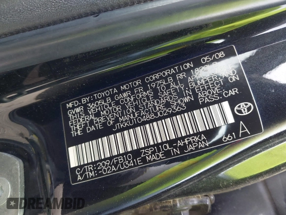 2008 Scion xD with VIN JTKKU10488J029363, listed as a IAAI auction lot 42236166 with 202,101 mi miles and . Bid and sale history available at DreamBid. Image 9.
