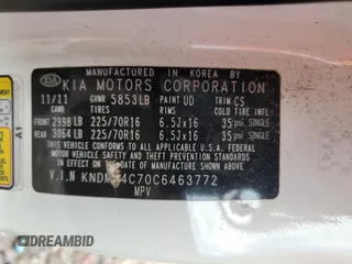 2012 Kia Sedona LX with VIN KNDMG4C70C6463772, listed as a Copart auction lot 63697464 with 72,637 mi miles and Salvage Title. Bid and sale history available at carsss.com. Image 13.