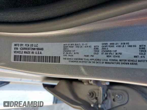 2022 Ram 1500 Big Horn with VIN 1C6RREBT2NN190449, listed as a Copart auction lot 57253495 with 88,735 mi miles and Salvage title. Bid and sale history available at DreamBid. Image 12.