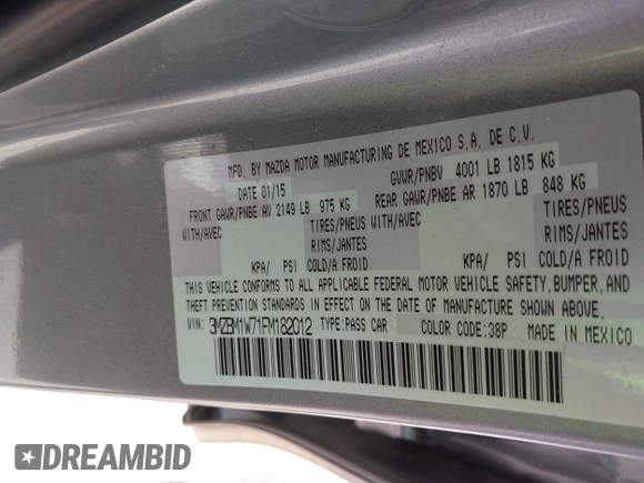 2015 Mazda 3 i Grand Touring with VIN 3MZBM1W71FM182012, listed as a IAAI auction lot 42216129 with 50,804 mi miles and . Bid and sale history available at DreamBid. Image 9.