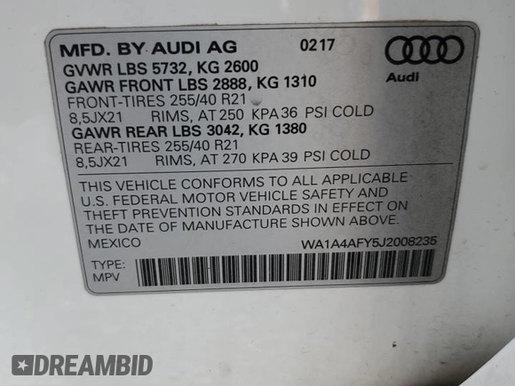 2018 Audi SQ5 Premium Plus with VIN WA1A4AFY5J2008235, listed as a Copart auction lot 69870804 with 116,610 mi miles and Salvage Title. Bid and sale history available at DreamBid. Image 13.