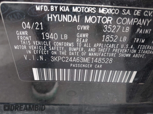 2021 Hyundai Accent SE with VIN 3KPC24A63ME148528, listed as a IAAI auction lot 42426884 with 23,429 mi miles and . Bid and sale history available at DreamBid. Image 9.