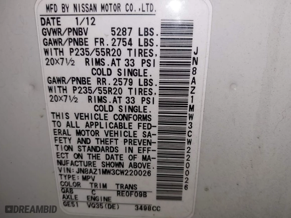 2012 Nissan Murano S with VIN JN8AZ1MW3CW220026, listed as a IAAI auction lot 41673942 with 176,968 mi miles. Bid and sale history available at carsss.com. Image 9.