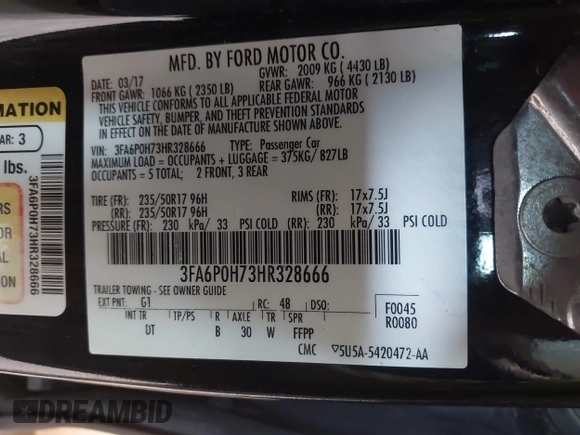 2017 Ford Fusion SE with VIN 3FA6P0H73HR328666, listed as a IAAI auction lot 42423632 with 217,923 mi miles and . Bid and sale history available at DreamBid. Image 9.