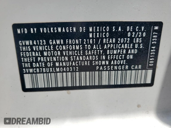 2020 Volkswagen Jetta S с VIN 3VWCB7BUXLM040312, выставлен на аукционе Copart как лот 58397835 с пробегом 48 963 миль миль и Чистый • Clean title. История ставок и продаж доступна на DreamBid. Изображение 13.