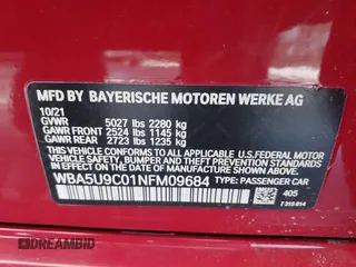 2022 BMW 3 Series M340i xDrive with VIN WBA5U9C01NFM09684, listed as a IAAI auction lot 41670169 with 38,640 mi miles and . Bid and sale history available at DreamBid. Image 9.