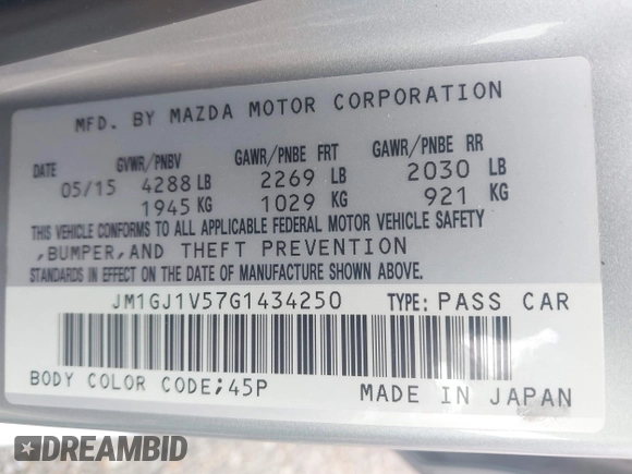 2016 Mazda 6 i Touring with VIN JM1GJ1V57G1434250, listed as a IAAI auction lot 42241857 with 68,011 mi miles and . Bid and sale history available at DreamBid. Image 9.