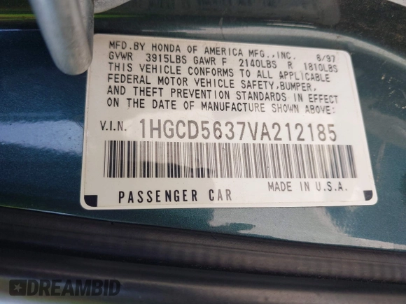 1997 Honda Accord LX with VIN 1HGCD5637VA212185, listed as a IAAI auction lot 42093376 with 239,668 mi miles and . Bid and sale history available at carsss.com. Image 9.