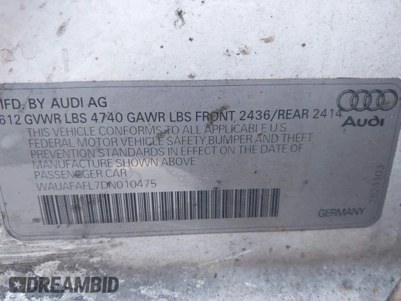 2013 Audi A4 Premium with VIN WAUAFAFL7DN010475, listed as a IAAI auction lot 41669440 with 126,167 mi miles. Bid and sale history available at carsss.com. Image 9.