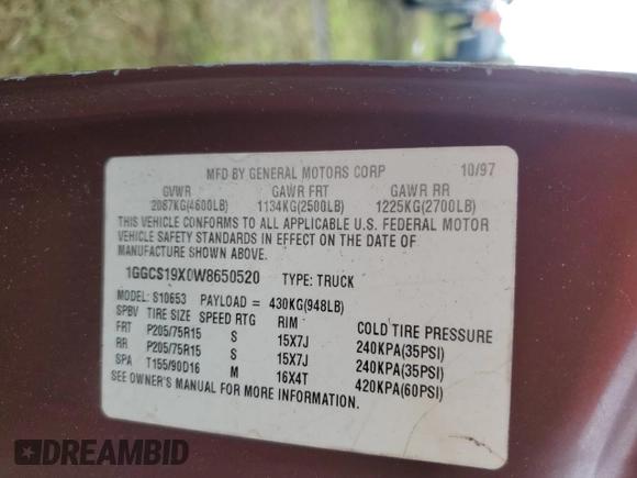 1998 Isuzu Hombre z VIN 1GGCS19X0W8650520, wystawiony jako Copart lot #73962444 z przebiegiem Nie podano mil oraz Szkoda całkowita • Salvage title. Historia ofert i sprzedaży dostępna na DreamBid. Obrazek 13.