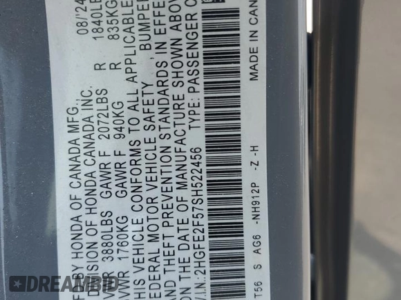 2025 Honda Civic Sport z VIN 2HGFE2F57SH522456, wystawiony jako Copart lot #54850685 z przebiegiem 5 830 mil mil oraz Szkoda całkowita • Salvage title. Historia ofert i sprzedaży dostępna na DreamBid. Obrazek 12.