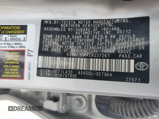 2012 Toyota Camry L with VIN 4T4BF1FK4CR227261, listed as a Copart auction lot 52895545 with 245,115 mi miles and Clean Title. Bid and sale history available at DreamBid. Image 12.