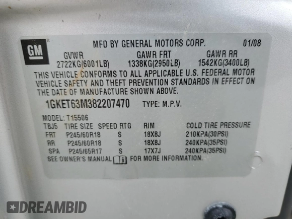 2008 GMC Envoy Denali with VIN 1GKET63M382207470, listed as a Copart auction lot 46332725 with 201,664 mi miles and Salvage Title. Bid and sale history available at carsss.com. Image 15.