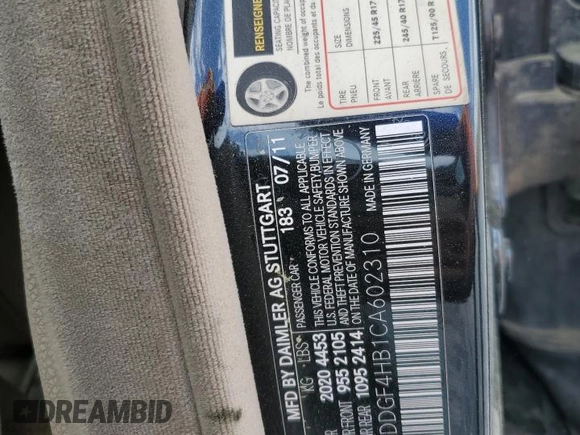 2012 Mercedes-Benz C 250 Sport with VIN WDDGF4HB1CA602310, listed as a Copart auction lot 51802745 with Not Provided miles and Non Repairable. Bid and sale history available at DreamBid. Image 12.