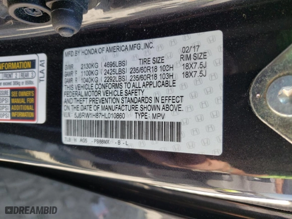 2017 Honda CR-V EX-L with VIN 5J6RW1H87HL010860, listed as a Copart auction lot 50895025 with 69,984 mi miles and Salvage Title. Bid and sale history available at carsss.com. Image 13.