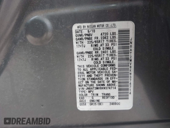 2019 Nissan Rogue SV with VIN JN8AT2MV8KW374714, listed as a IAAI auction lot 41912030 with 25,936 mi miles and . Bid and sale history available at DreamBid. Image 9.
