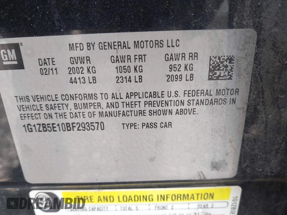 2011 Chevrolet Malibu 1LS with VIN 1G1ZB5E10BF293570, listed as a IAAI auction lot 42058205 with 92,316 mi miles and . Bid and sale history available at DreamBid. Image 9.