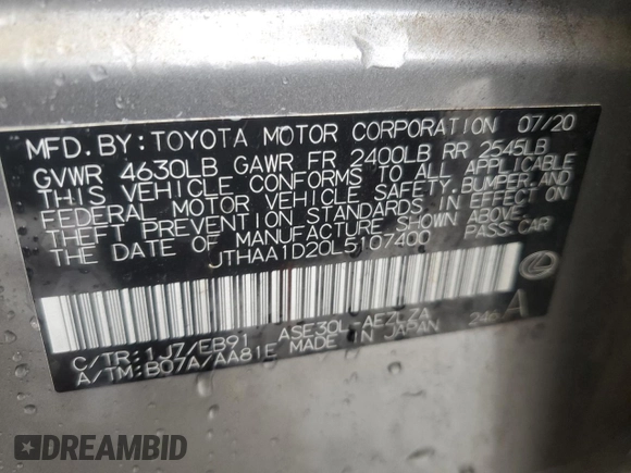2020 Lexus IS 300 with VIN JTHAA1D20L5107400, listed as a Copart auction lot 58999335 with 74,777 mi miles and Non repairable. Bid and sale history available at DreamBid. Image 13.