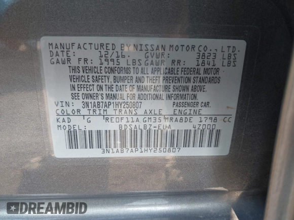 2017 Nissan Sentra S with VIN 3N1AB7AP1HY250807, listed as a IAAI auction lot 40084492 with 130,000 mi miles. Bid and sale history available at carsss.com. Image 9.