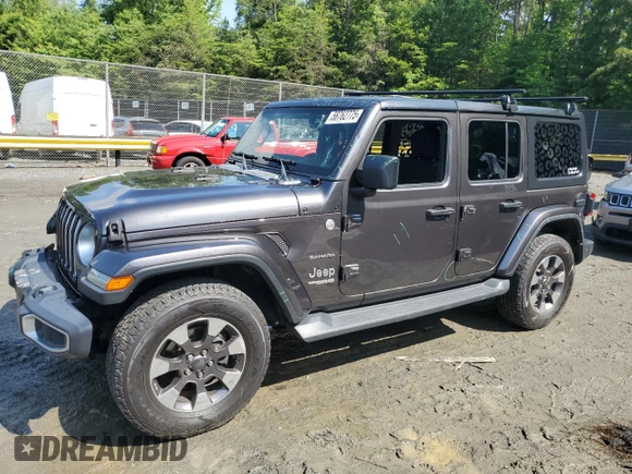 2018 Jeep Wrangler Unlimited Sahara with VIN 1C4HJXEGXJW229881, listed as a Copart auction lot 58762775 with 82,470 mi miles and Salvage title. Bid and sale history available at DreamBid. Image 1.