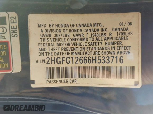 2006 Honda Civic Cpe LX with VIN 2HGFG12666H533716, listed as a IAAI auction lot 41786136 with 215,751 mi miles. Bid and sale history available at carsss.com. Image 9.