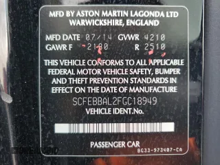 2015 Aston Martin Vantage z VIN SCFEBBAL2FGC18949, wystawiony jako Copart lot #54389965 z przebiegiem Nie podano mil oraz Szkody całkowita. Historia ofert i sprzedaży dostępna na DreamBid. Obrazek 12.