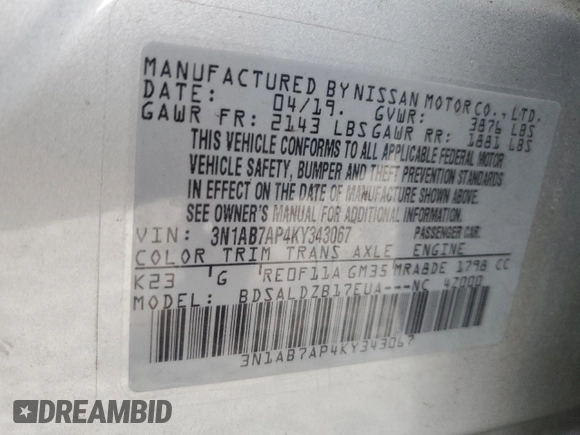 2019 Nissan Sentra SV with VIN 3N1AB7AP4KY343067, listed as a Copart auction lot 48416705 with 49,731 mi miles and Salvage Title. Bid and sale history available at carsss.com. Image 15.